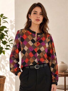 Vintage LA CHEMISE Blouse Made in USA Patchwork Geometric Print Boho Chic 80s 90